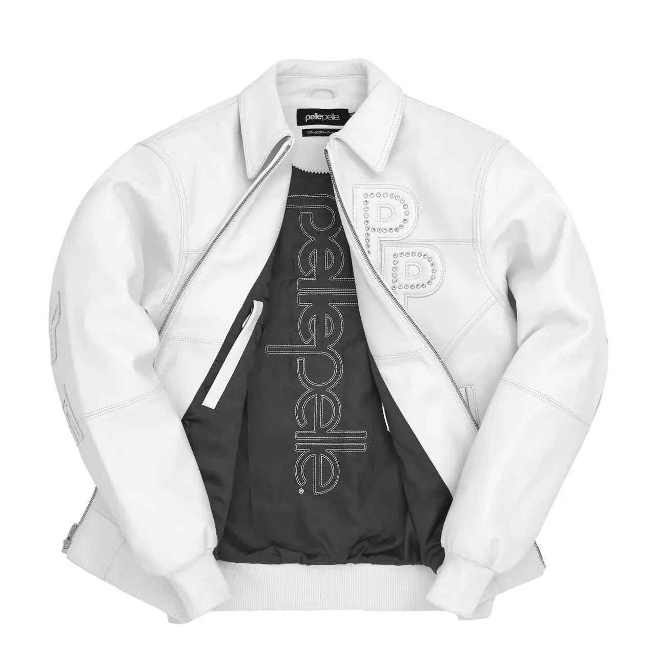 Men's White Pelle Pelle Stones Lamb Skin Leather Bomber Jacket