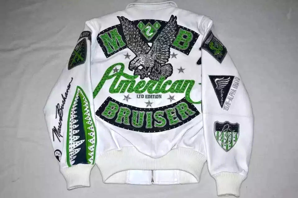 PELLE PELLE MEN'S COW GENUINE LEATHER  JACKET WHITE ANNIVERSARY AMERICAN BRUISER