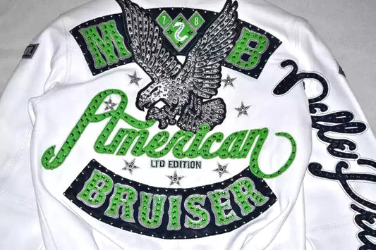 PELLE PELLE MEN'S COW GENUINE LEATHER  JACKET WHITE ANNIVERSARY AMERICAN BRUISER