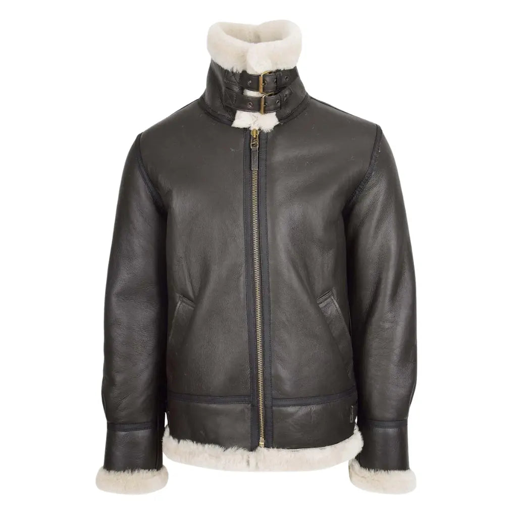 Men's Classic B3 Original Sheepskin Jacket in brown and white with buckled shearling collar and front zipper