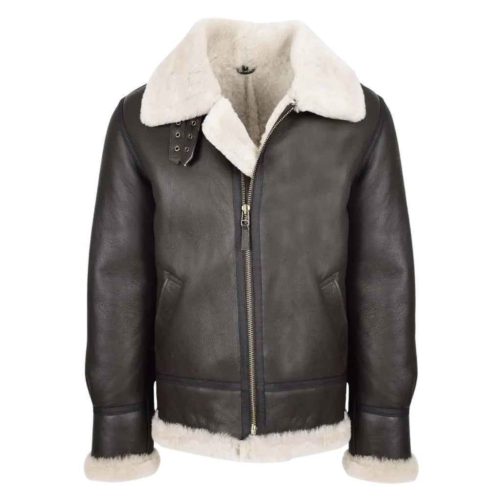 Front view of Men's Classic B3 Original Sheepskin Jacket in brown leather with white shearling collar and lining