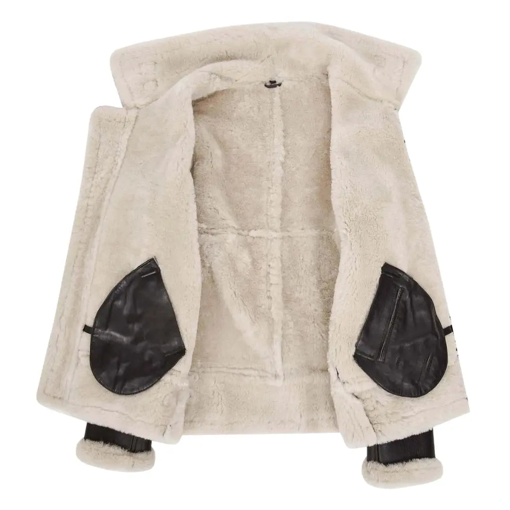 Interior view of Men's Classic B3 Original Sheepskin Jacket showing full white shearling lining and leather pocket panels